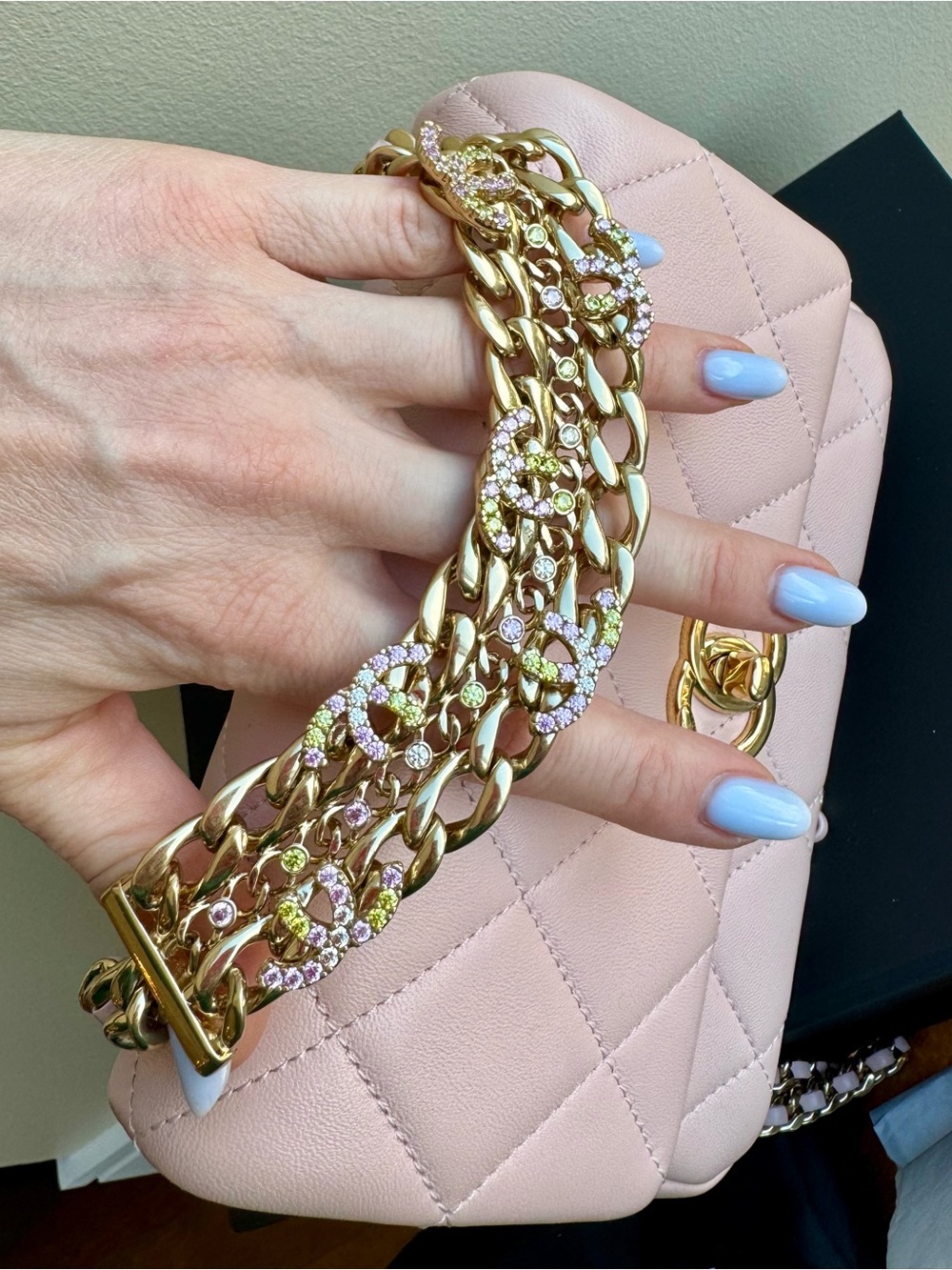 Rare CHANEL Crystal Logo Chain Quilted Leather Flap Bag with Gold Hardware, Pink